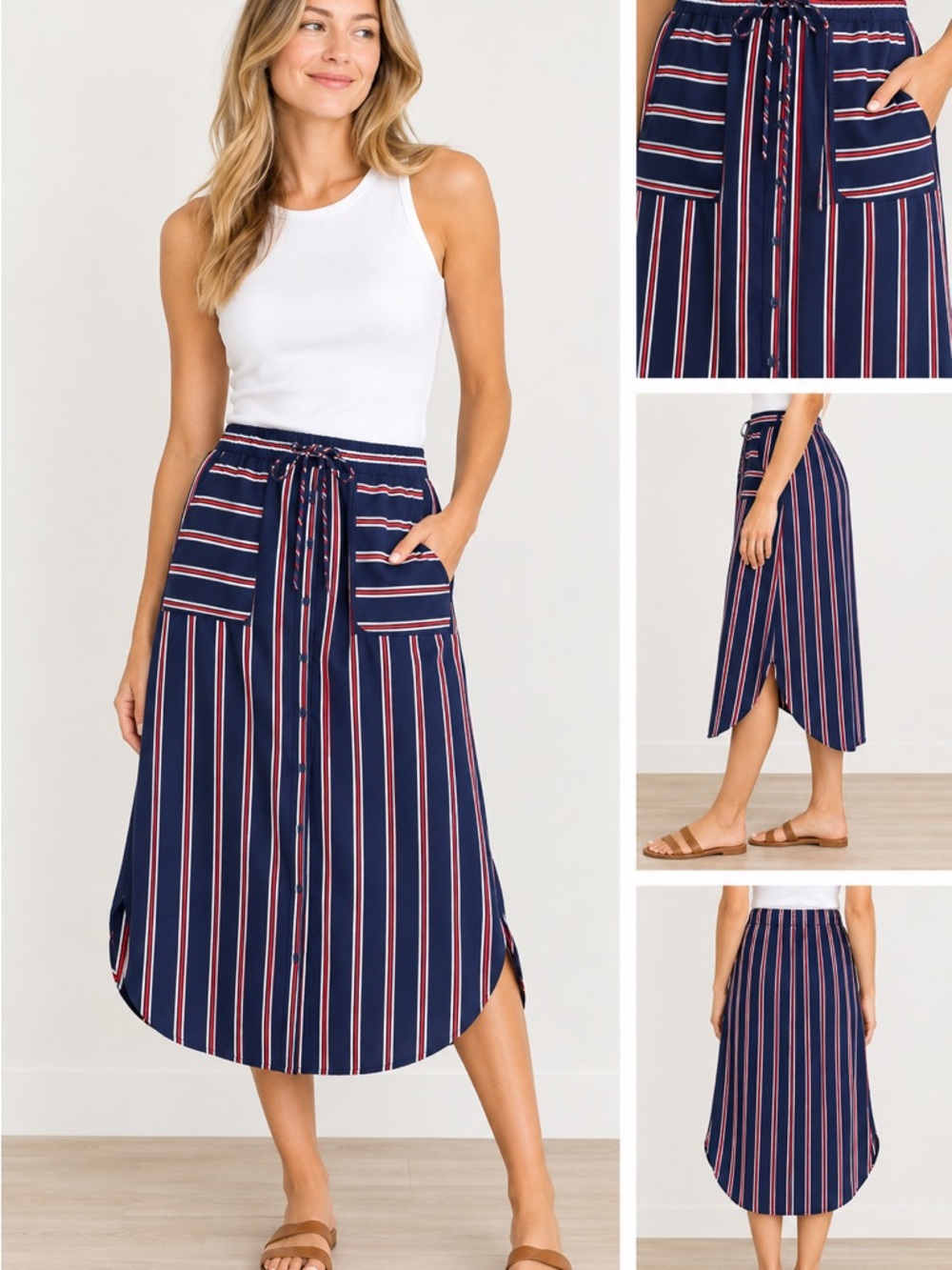 Tommy Hilfiger Navy, Red & White Striped Midi Skirt